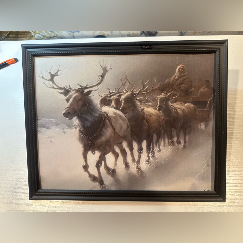 Reindeer Pulling Sled Snowy Forrest Framed 8x10”